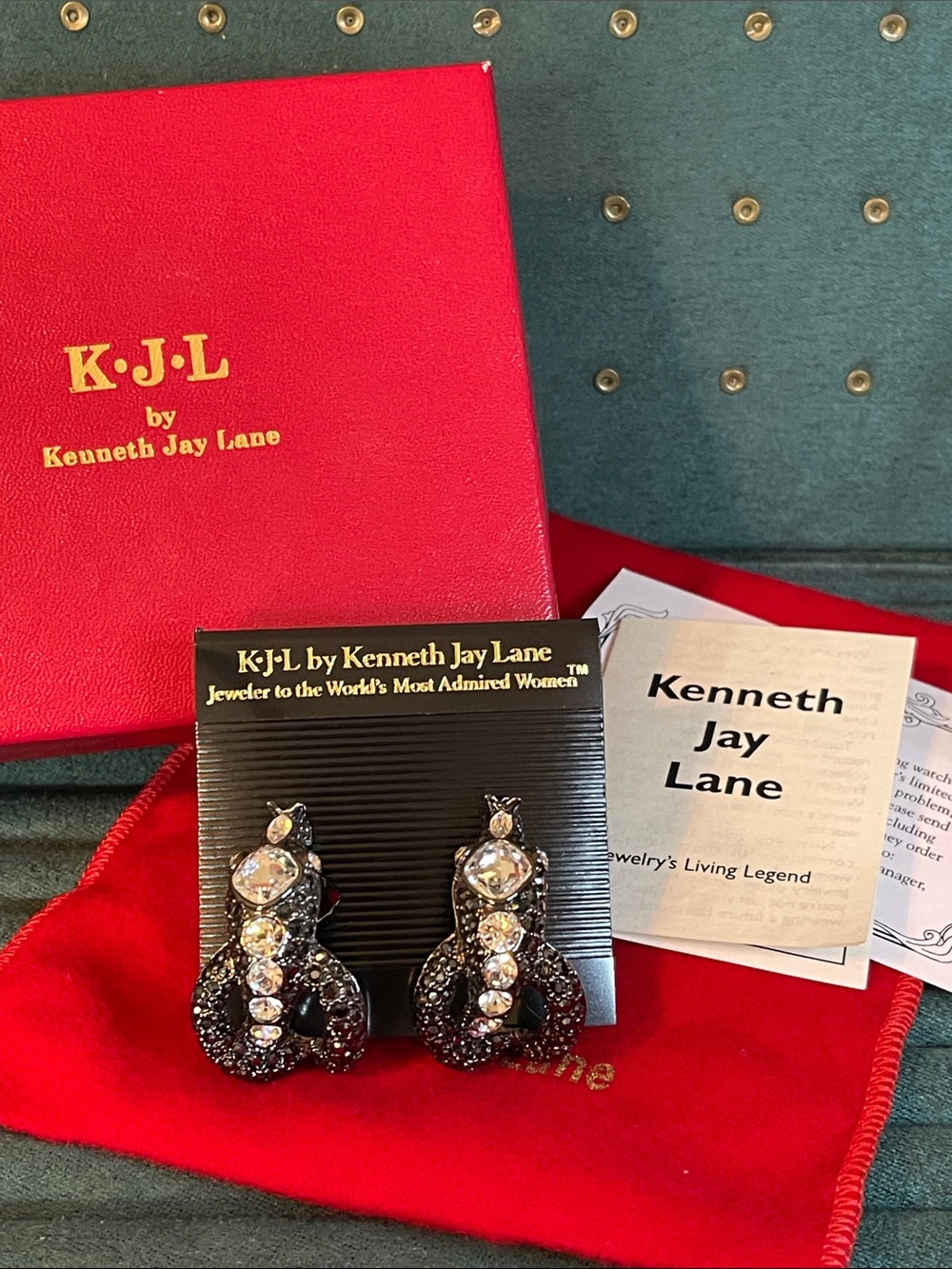 Vintage KJL “Scintillating Serpent” Gunmetal & Rhinestone Hoop Earrings